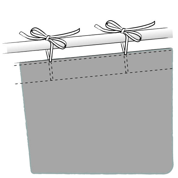 Diagram of stage curtain finishes: tape with ties sewn in a V shape by Azur Scenic